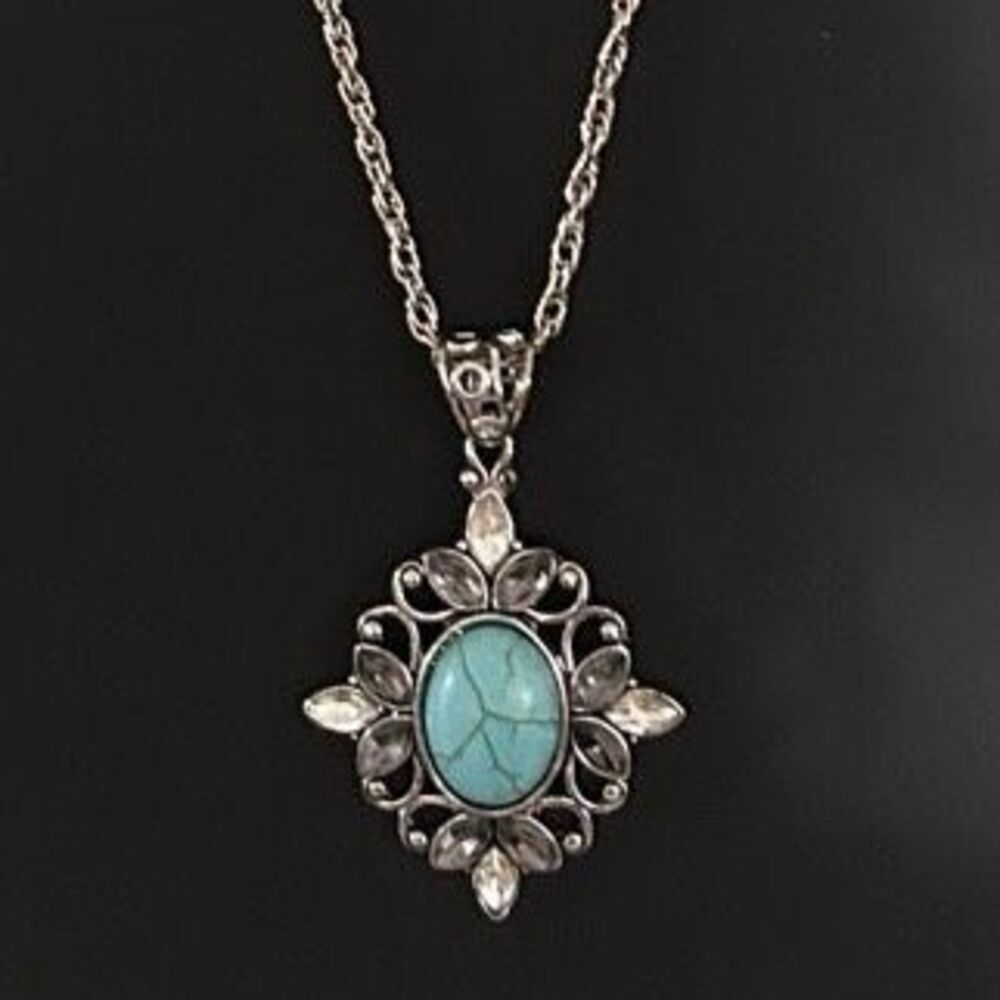 Vintage Pendant Necklace Women's Silver-tone Chain Turquoise Cabochon Center - Picture 4 of 9